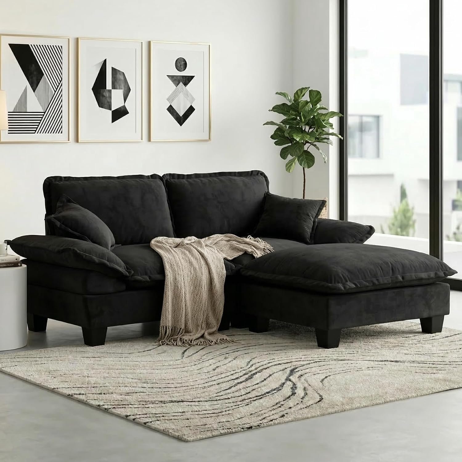 Cloud Sofa Modulaire L-vormige hoekcanapé van chenille Modern designbank met 2 kussens voor salon en appartement 2 zits + 1 (zwart, 2 zits + 1)