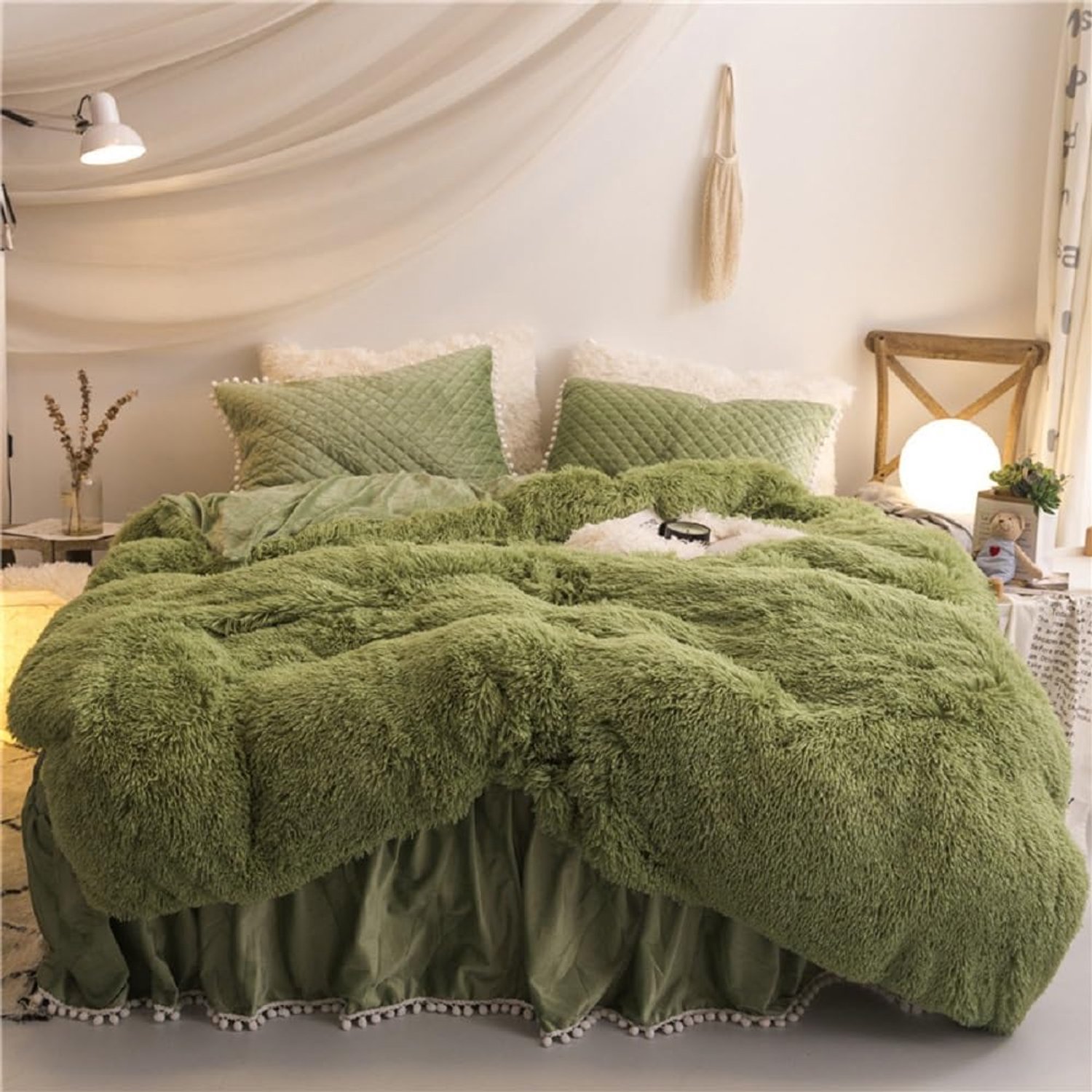 Sacebeleu Winterbeddengoed, 135 x 200 cm, pluche, langhaar, wollig, flanel, flanel, dekbedovertrek, avocado, groen, winterbeddengoed, warm dekbedovertrek en 1 kussensloop 80 x 80 cm met ritssluiting