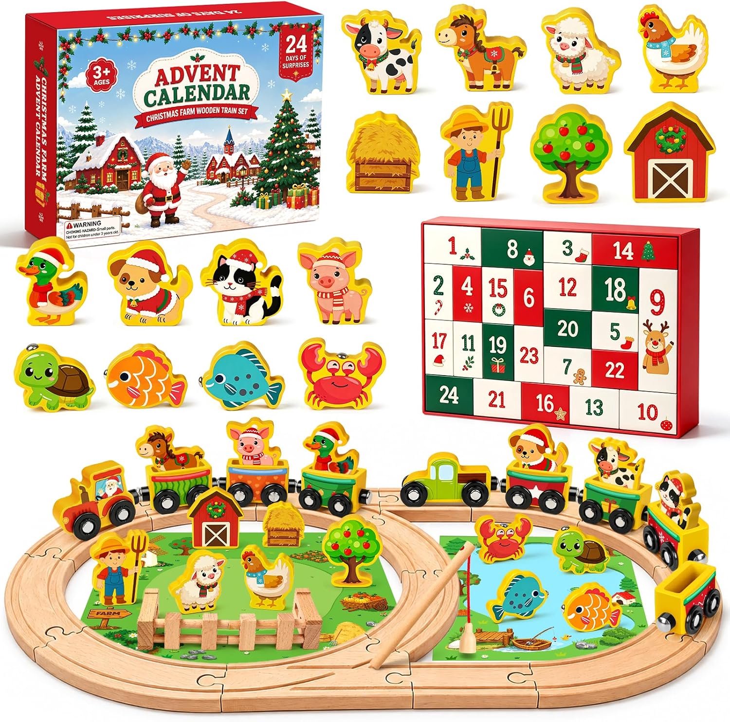 Adventskalender 2026 kinderen, 24 dagen kerstkalender met magnetische houten spoorbaan, boerderijdieren, trein, speelgoed, Montessori houten speelgoed, kerstcadeaus voor meisjes en jongens
