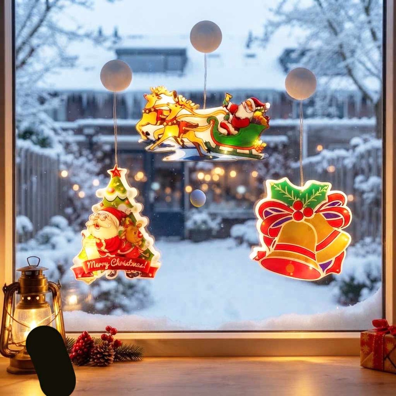 Meedeer LED kerstverlichting(3 led-zuignappen set)-Verlichte kerstfiguren-Voor ramen/opgehangen-Kerst decoratie verlichting-Kerst Raamverlichting（Kerstboom / Slee / Belletjes）
