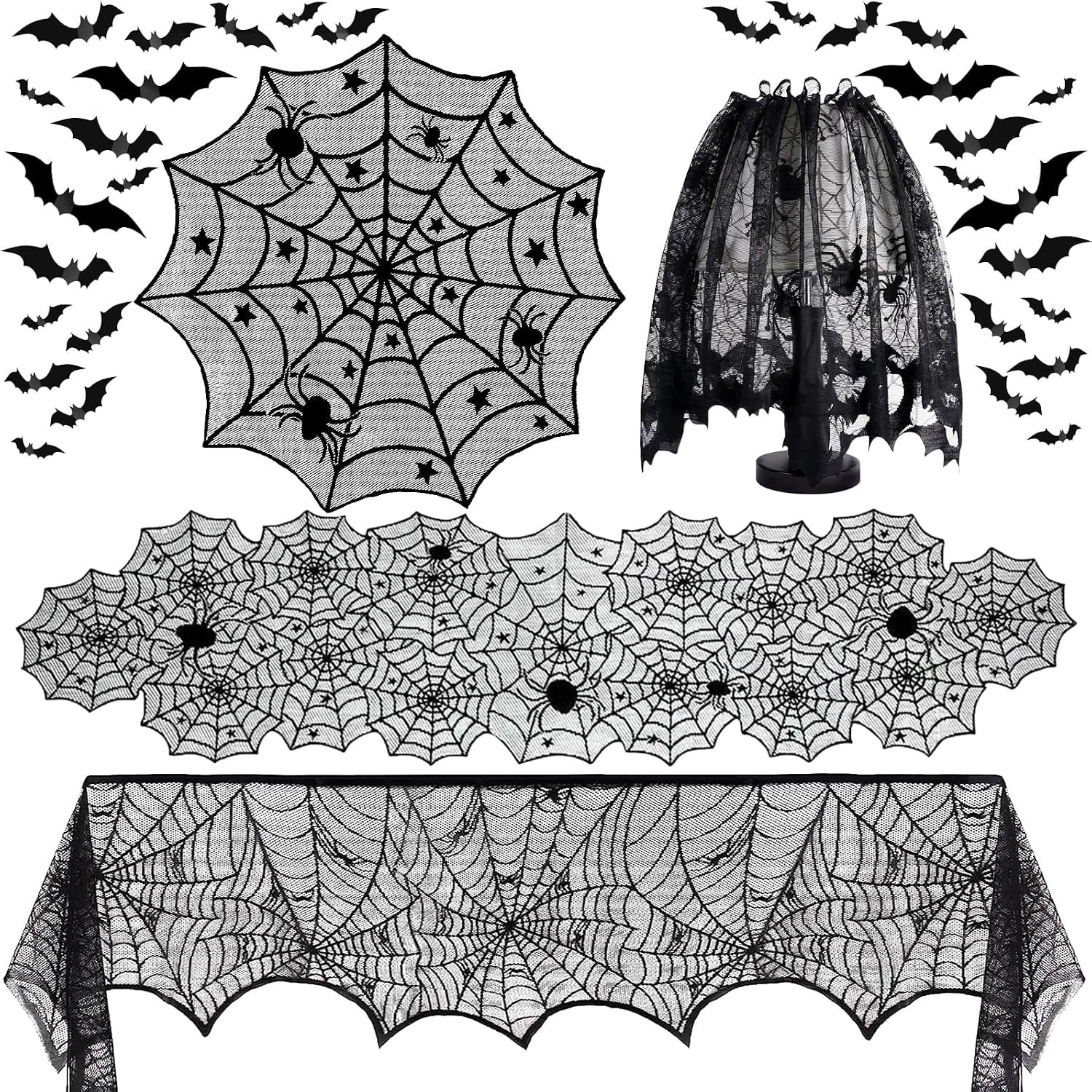 5‑stuks Halloween decoraties voor binnen – Zwart kant tafelloper - schoorsteenmanteldoek - ronde tafelkleed - spinnenweb lampenkap + 32 stuks 3D vleermuis muurstickers