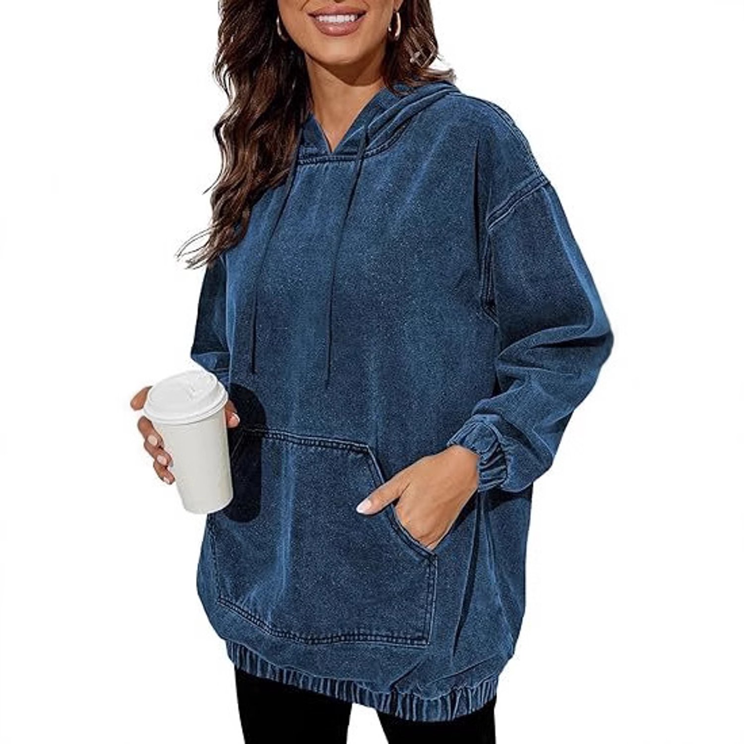 Hoodie Dames Losse Pasvorm met Capuchon Middelblauw Donkerblauw & Zwart-Donkerblauw-M