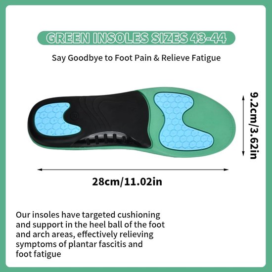 Comfortabele orthopedische inlegzolen voor hielspoor en platvoeten, antislip, maat 43-44 EU, optimale ondersteuning en demping voor heren en dames — afbeelding 5