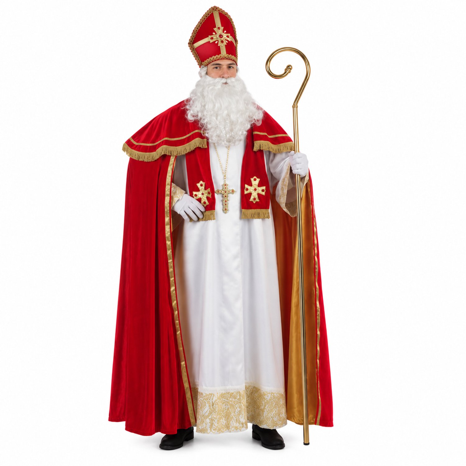 Luxe Sinterklaas Kostuum – Velours Cape – Wit/Goud/Rood – 4-delig