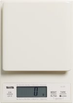 Een witte digitale keukenweegschaal met een leeg weegplateau en een display waarop '0 g' wordt weergegeven.