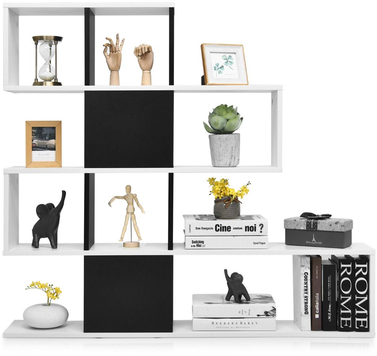 SureDeal® - Boekenkast - Ladder - Planken - Deuren Decoratieve Houten - Woonkamer - Kantoor - 120x19.5x109 cm - Zwart & Wit