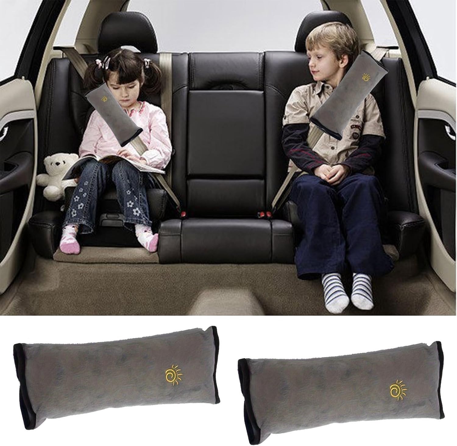 Set van 2 autogordelbeschermers met dikke padding voor kinderen en volwassenen, grijs en comfortabel