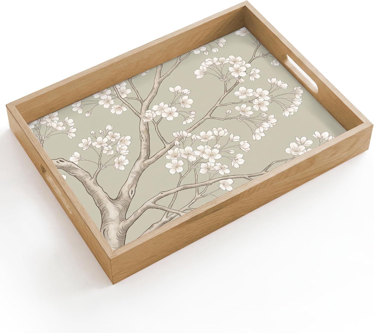 Houten Dienblad Rechthoekig 40x30 cm Serveerblad Met Handgrepen Krasbestendig Hittebestendig Wooden Serving Tray Koffie Thee Eten Sereen - Bloesem - Wit