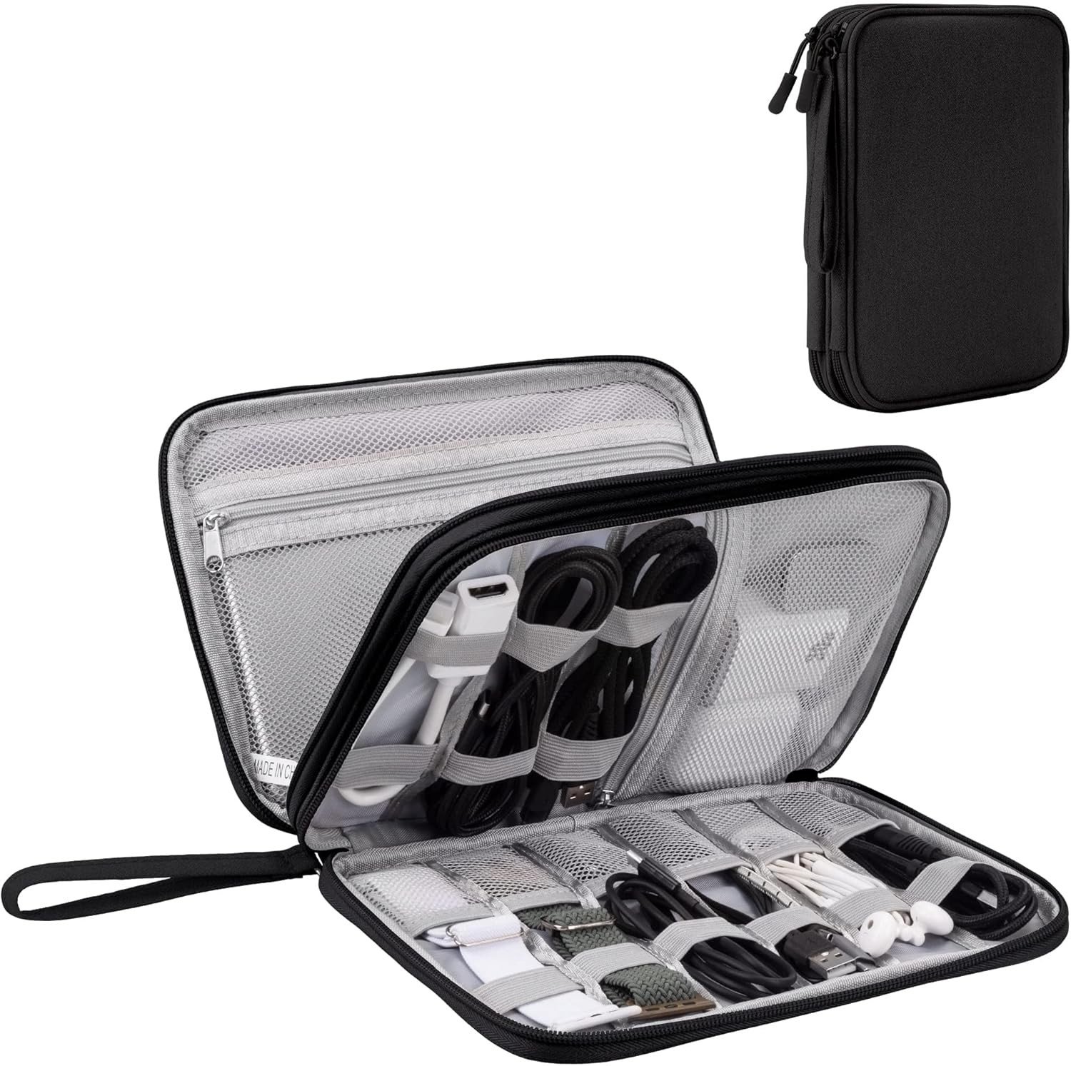 Dubbele Laags Waterdichte Elektronische Organizer voor Reizen - Kabel- en Accessoireopslag voor Opladers, Telefoons en Oordopjes (Zwart, L)