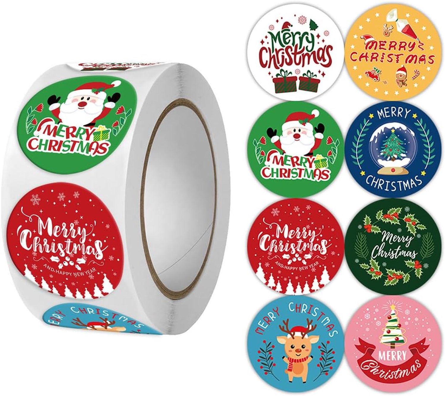 Kerststickers, 500 stuks Vrolijk Kerstfeest, stickers, verpakkingsstickers, cadeauhangers, Kerstmis, zelfklevend, kleurrijk, voor geschenken, embleem, 2,5 x 2,5 cm, 8 patronen