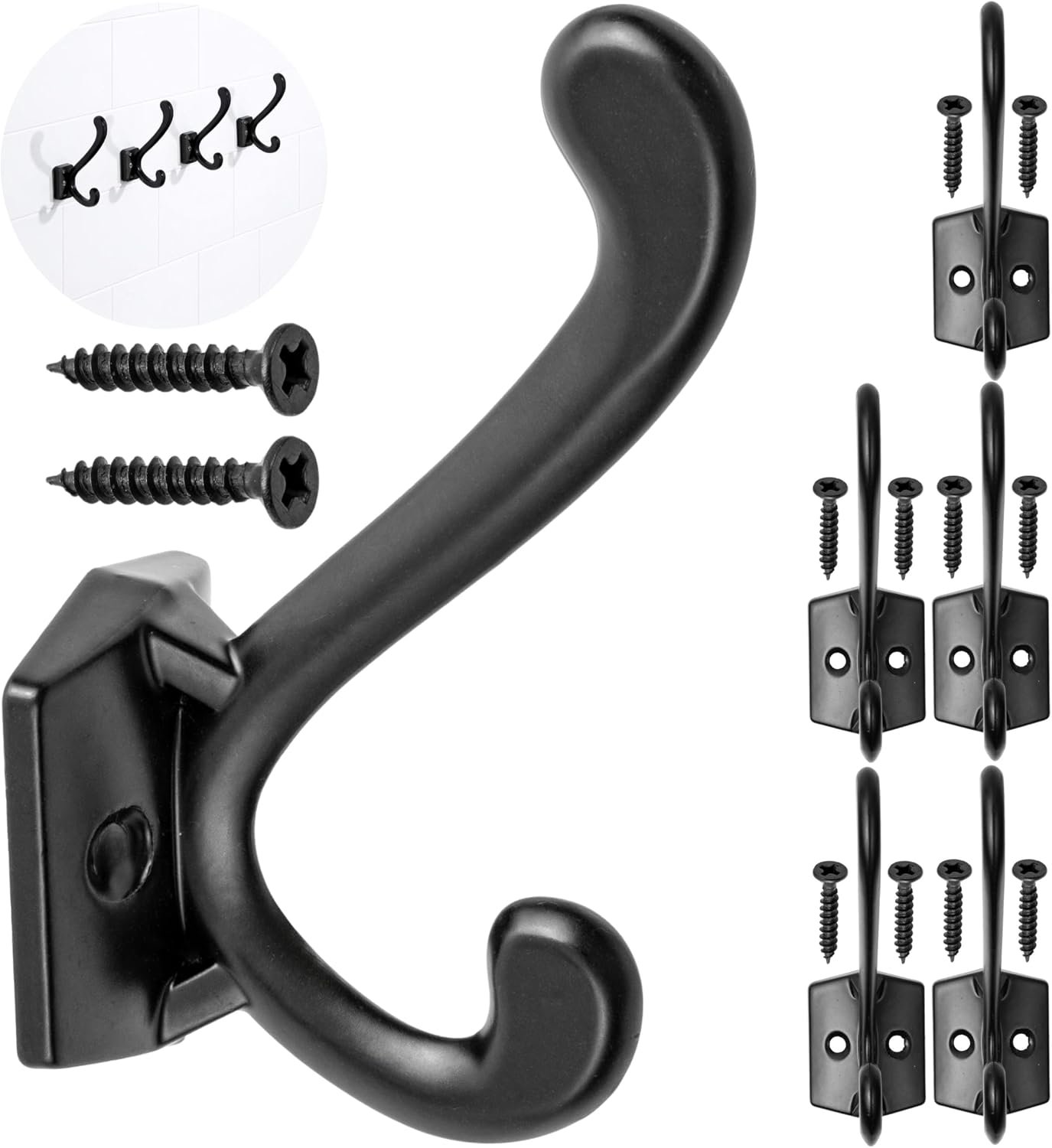 Wandhaak set 6 stuks - dubbel haak 85 x 28 x 27 mm - met houtschroeven - ideaal voor gang en badkamer - ShopVlot