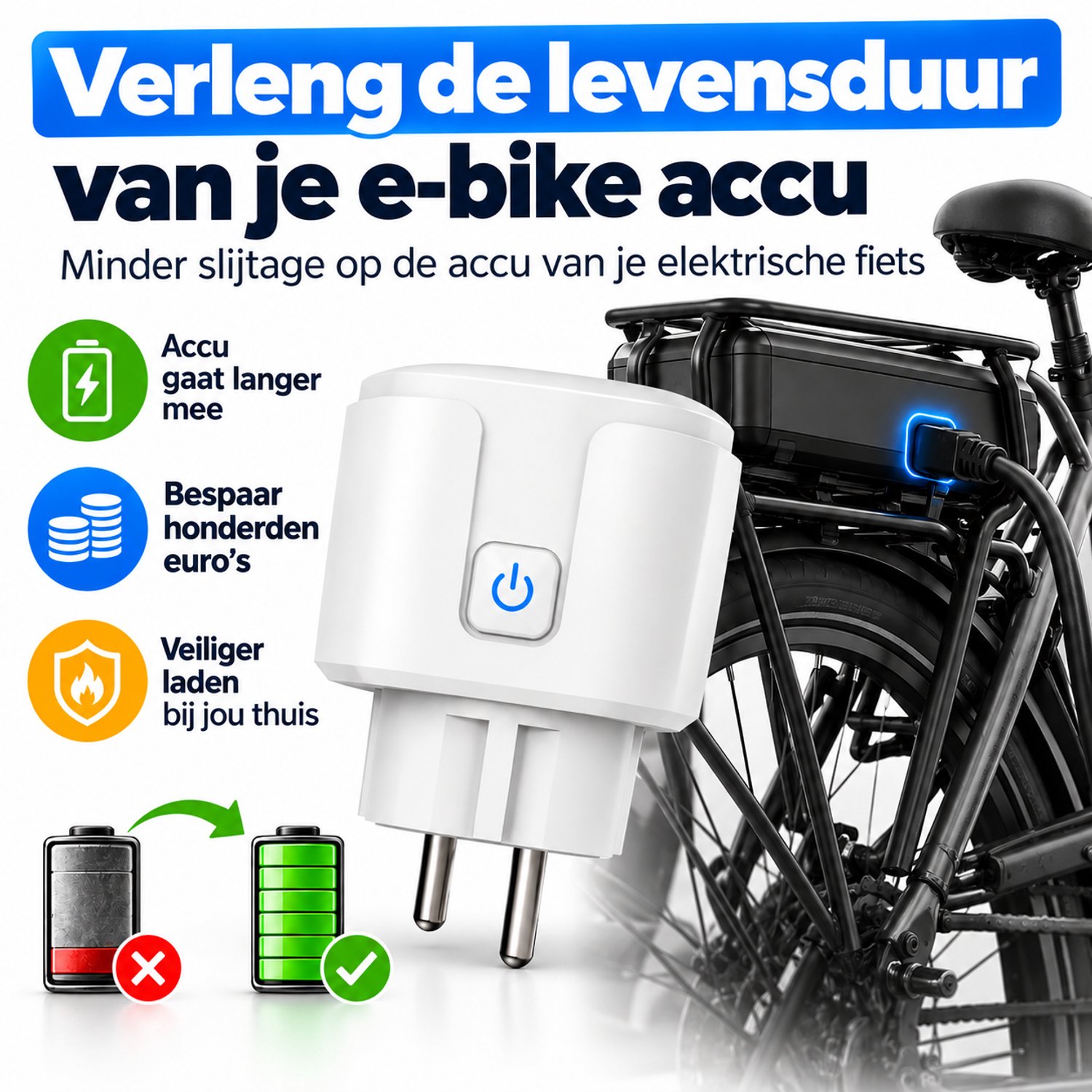 BlueTime® Slimme Acculader Elektrische Fiets – E-bike & Fatbike Accu – Slimme Stekker met Timer – Energiemeter – V20 Fatbike Oplader - Elektrische Fiets Oplader - E-Bike Oplader - Fietsaccu Oplader - Accusaver - Oplader Fatbike