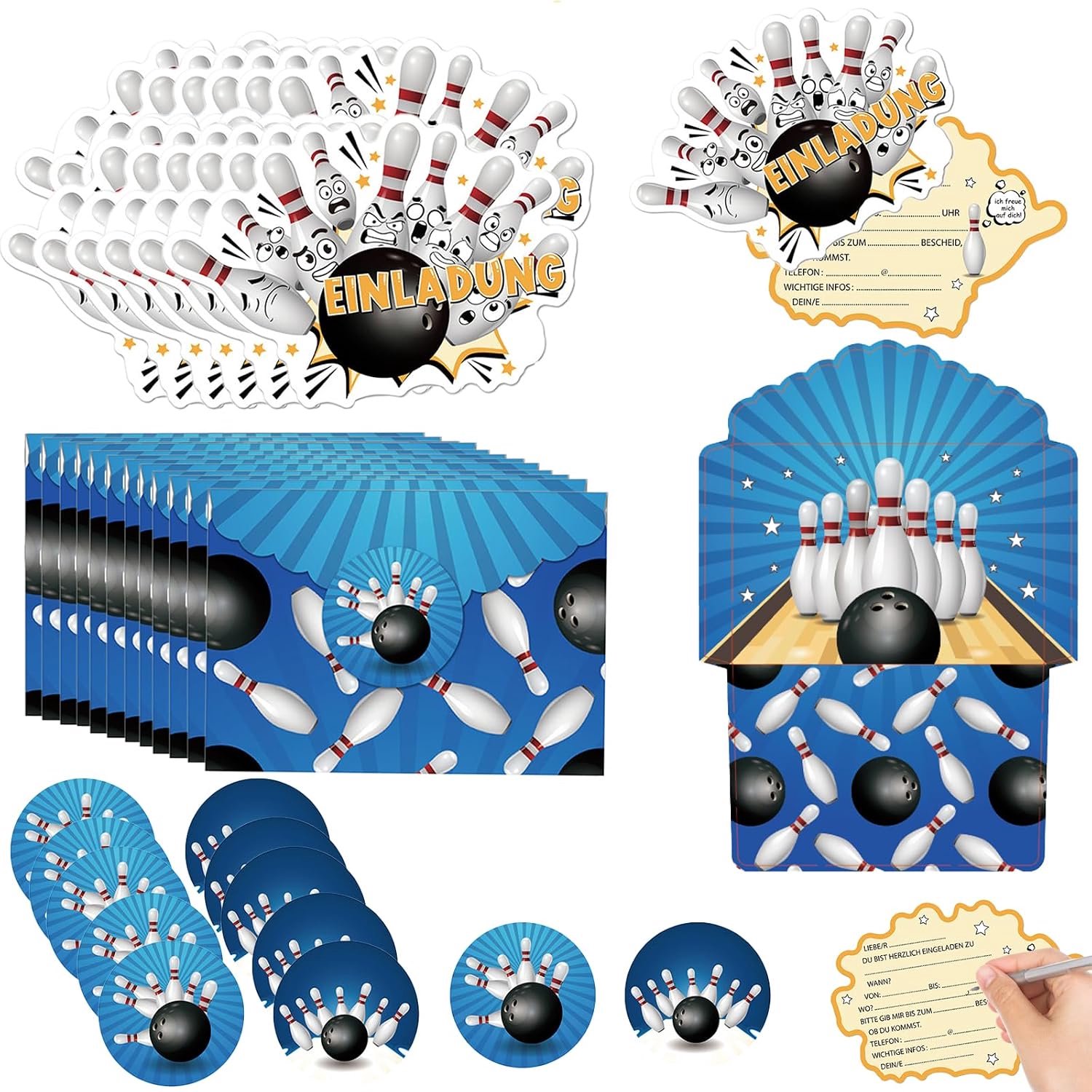 Bowling uitnodigingskaarten met 12 enveloppen - kinderverjaardag - blauw - leuke uitnodiging voor een bowlingfeest - ShopVlot