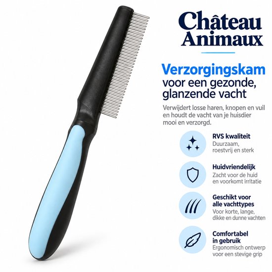 Verzorgingskam van Château Animaux met zwart handvat en lichtblauwe grip, met RVS tanden.