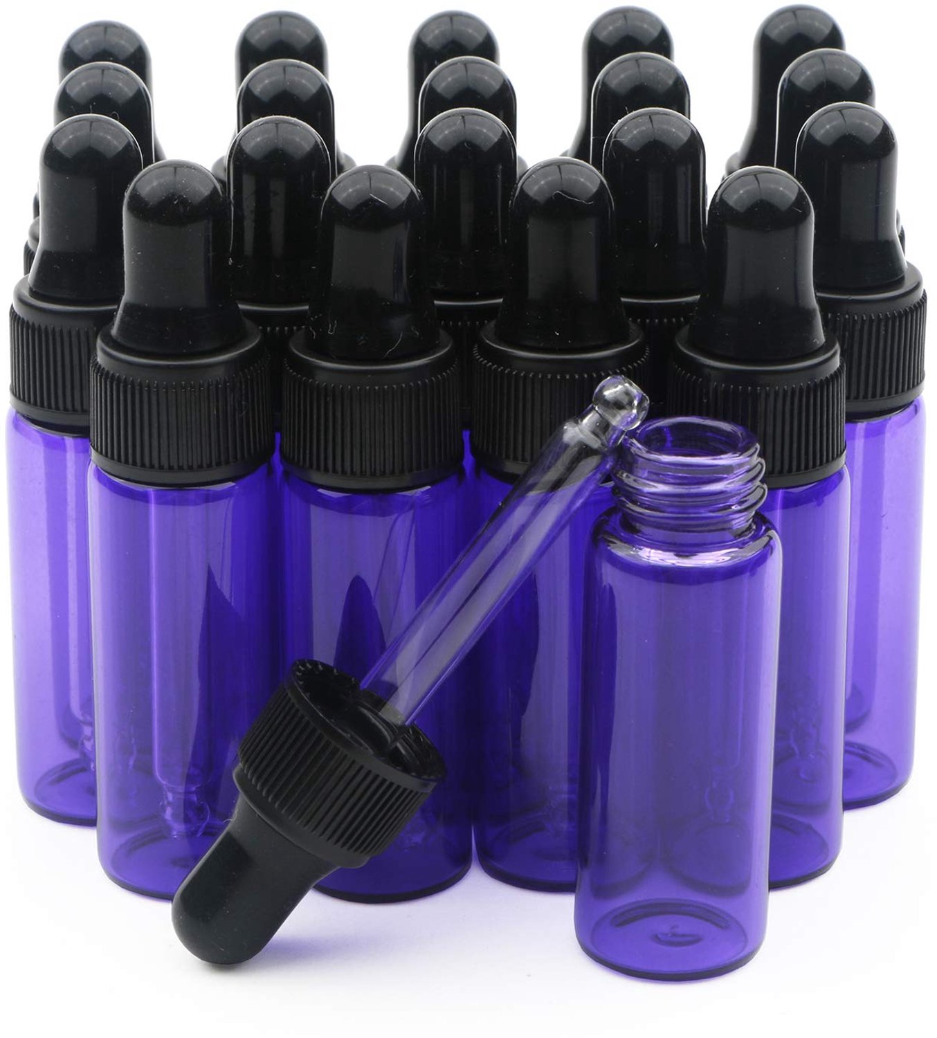 Unxuey 5 ml 1/6 oz paarse druppelflesjes met taps toelopende glazen druppelaars- Pack van 20 oog etherische olie draagbare reisflessen zwarte schroefd