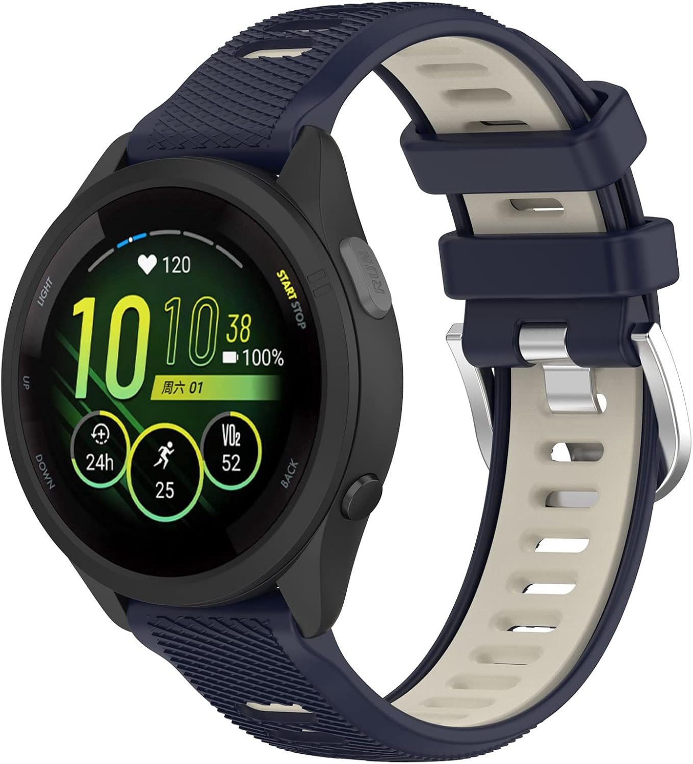 Yikamosi Compatibel met Garmin Forerunner 265S Bandje voor Heren,Dubbele kleur Snelle release Zachte Siliconen Roestvrij stalen sluiting Vervangende Bandje voor Forerunner 265S,Middernacht blauw/Kaki