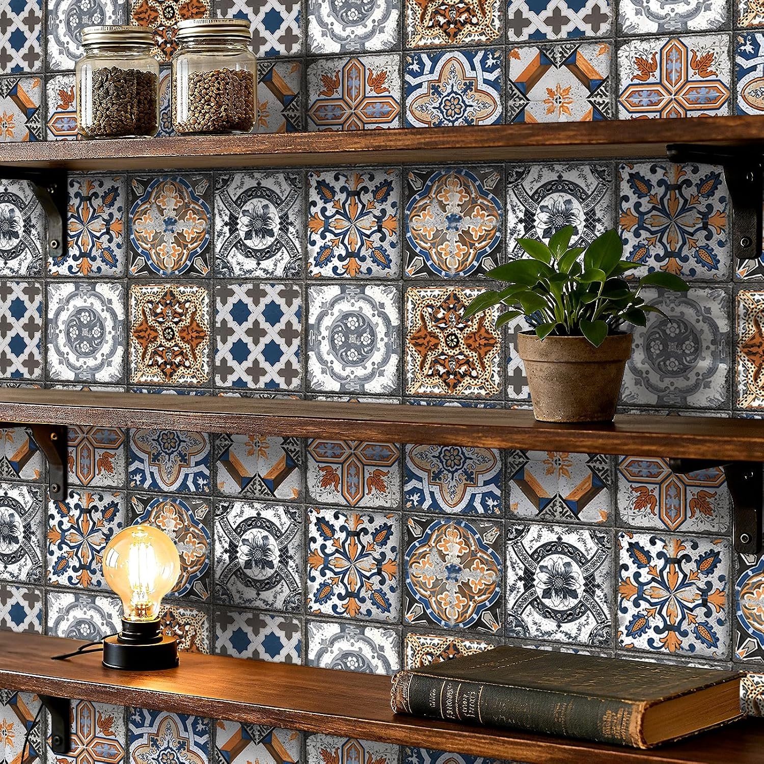 Boho Tapijt Zelfklevende Tegel Look Blauw Grijs Meubel Film voor Keuken Achterwand 44.5CMx3M Vintage Kast Film Waterdicht Tapestry Decoratie