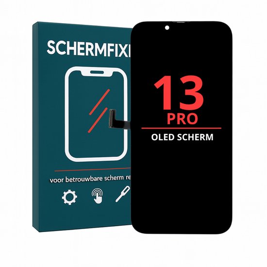 iPhone 13 Pro OLED scherm met "13 PRO OLED SCHERM" tekst. Doos met "SCHERMFIXI" en "voor betrouwbare scherm reparatie".