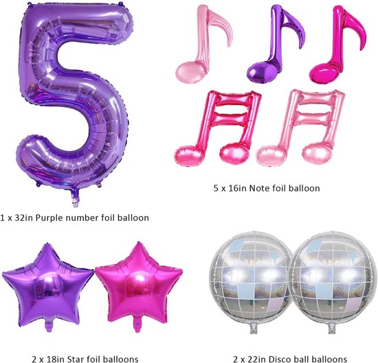 10 stuks Kpop verjaardagsdecoratie, notenbalken-ballonnen, lila, 101,6 cm, cijferfolieballon, discobal ballonnen voor Kpop zangers, magische muziek motto party benodigdheden (nummer 6) — afbeelding 4