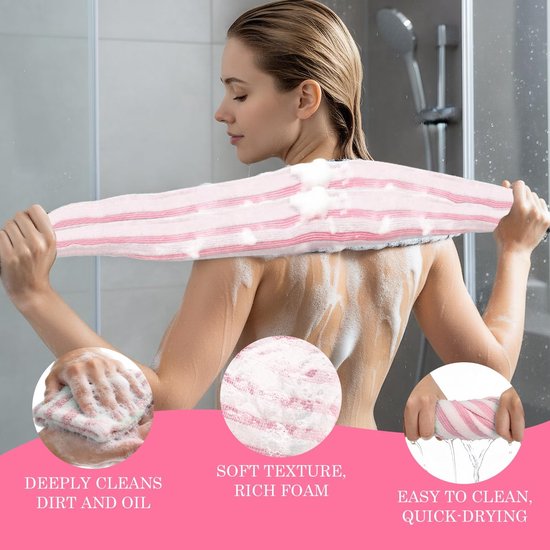 REEKNOKOL Exfoliërende Handdoek, Extra Lange Douchedoek voor Rugreiniging, Lichaamsreiniging voor Mannen en Vrouwen, Dieptereiniging (Roze) — afbeelding 2