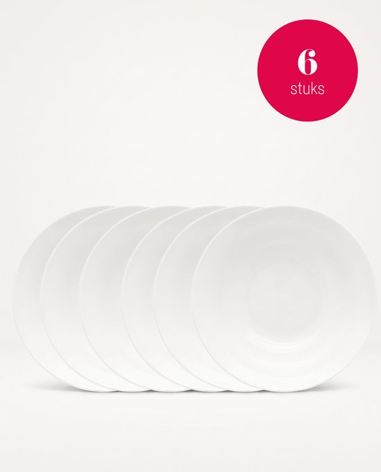 Zes witte diepe borden van 25,5cm met rode cirkel '6 stuks'.