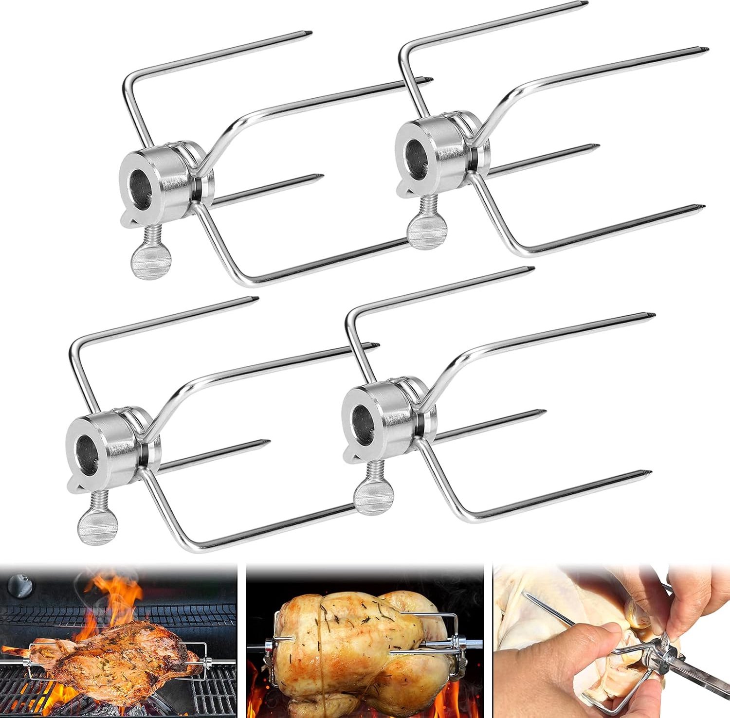 LASRS360 vleesklem vleespennen roestvrij staal grillklem spiesvork grillspies draaispies met motor roestvrij staal grillspiesset set voor grillspies 10 mm en kleine roestvrijstalen draaispit (4 stuks)