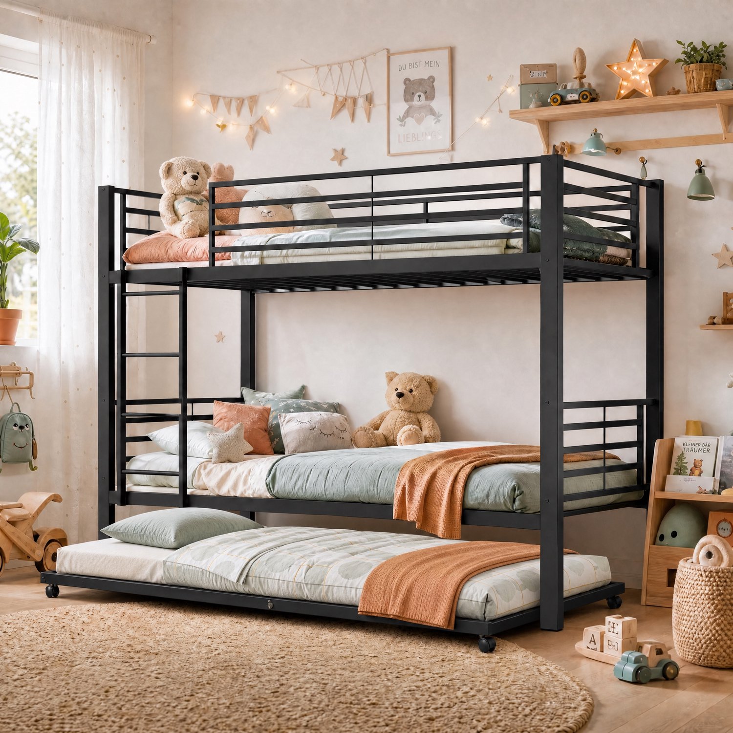 PHOEBE CAT Stapelbed - 90 x 200 cm - Metalen bed - Met uitschuifbaar bed - Kinderbed - Zwart