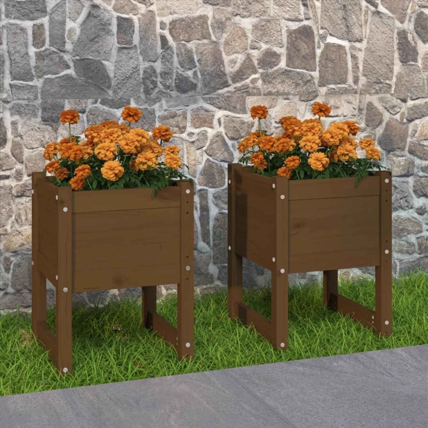Planter 2 STK. Honingbruin 40x40x52,5 cm massief hout grenen met stabiele frameconstructie voor tuin balkon terras