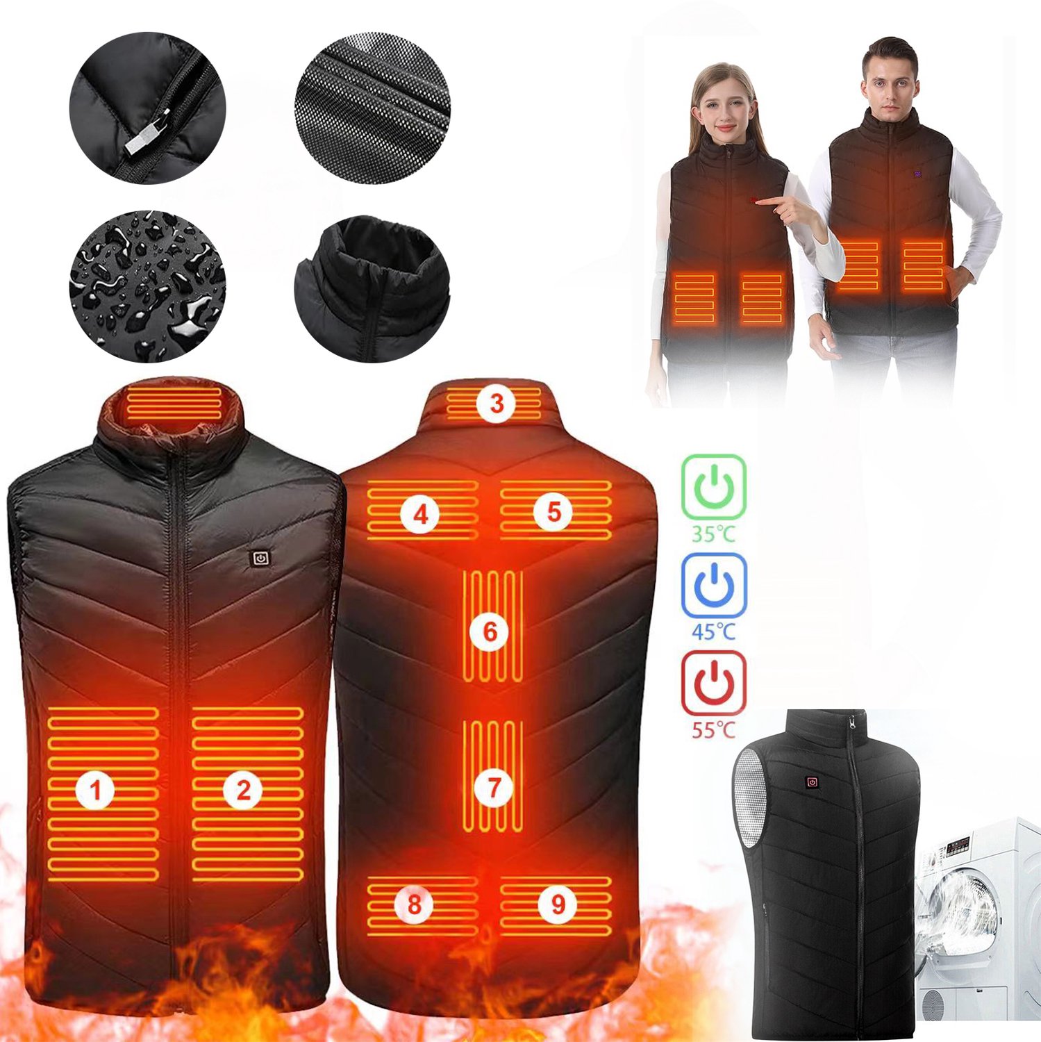 Usb-Elektrisch Verwarmd Vest Warme Winterkleding Met Verwarming 3 Temperatuurniveaus en 9 Zones. Zwart
