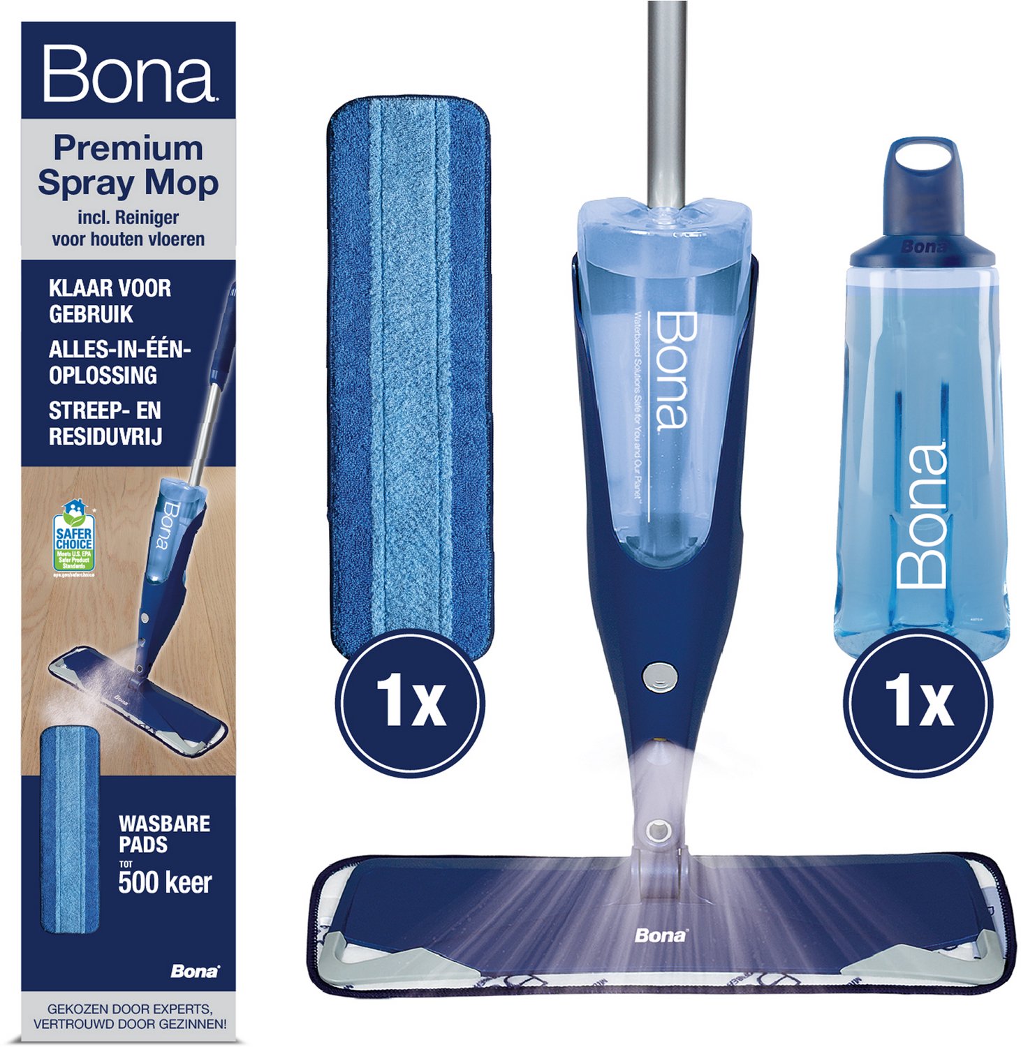 Bona Premium Spray Mop - Alles-in-1 Dweilsysteem - Vloerwisser met Spray - Inclusief Houten Vloer Reiniger & Microvezel Reinigingspad Dweil - Streeploos - Sneldrogend