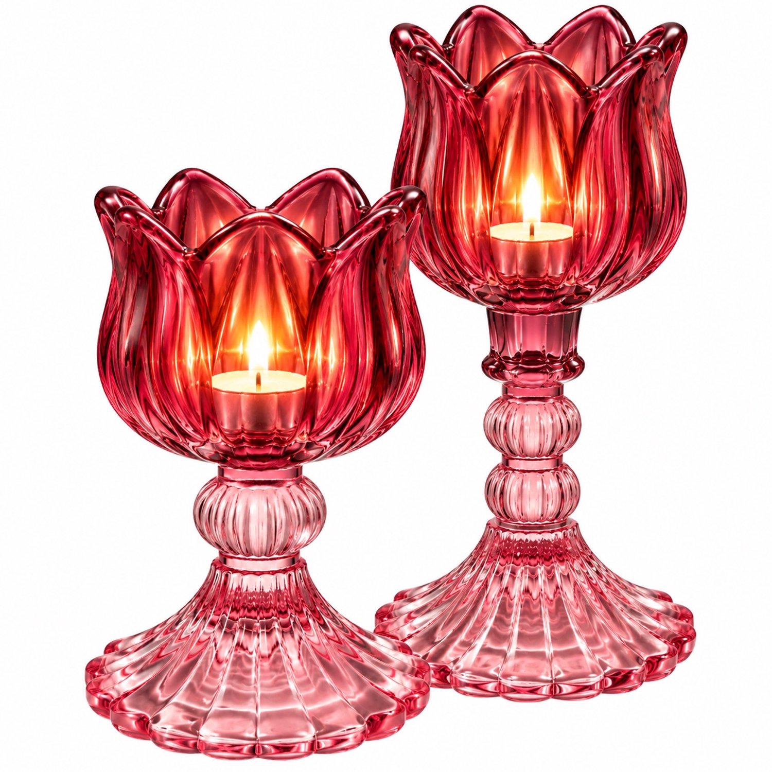 Glazen Waxinelichthouders Op Voet 2 Stuks - Bordeaux En Pink -Theelichthouder- Hoogtes 14 en 20,5 cm-WinQ