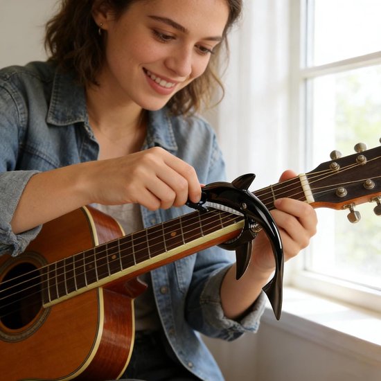 Shark Gitaar Capo Voor Akoestische en Elektrische Gitaar, Bas, Ukelele - Eenvoudig Te Bedienen Professionele Accessoire - Duurzame Antislip Legering (Zwart) — afbeelding 4