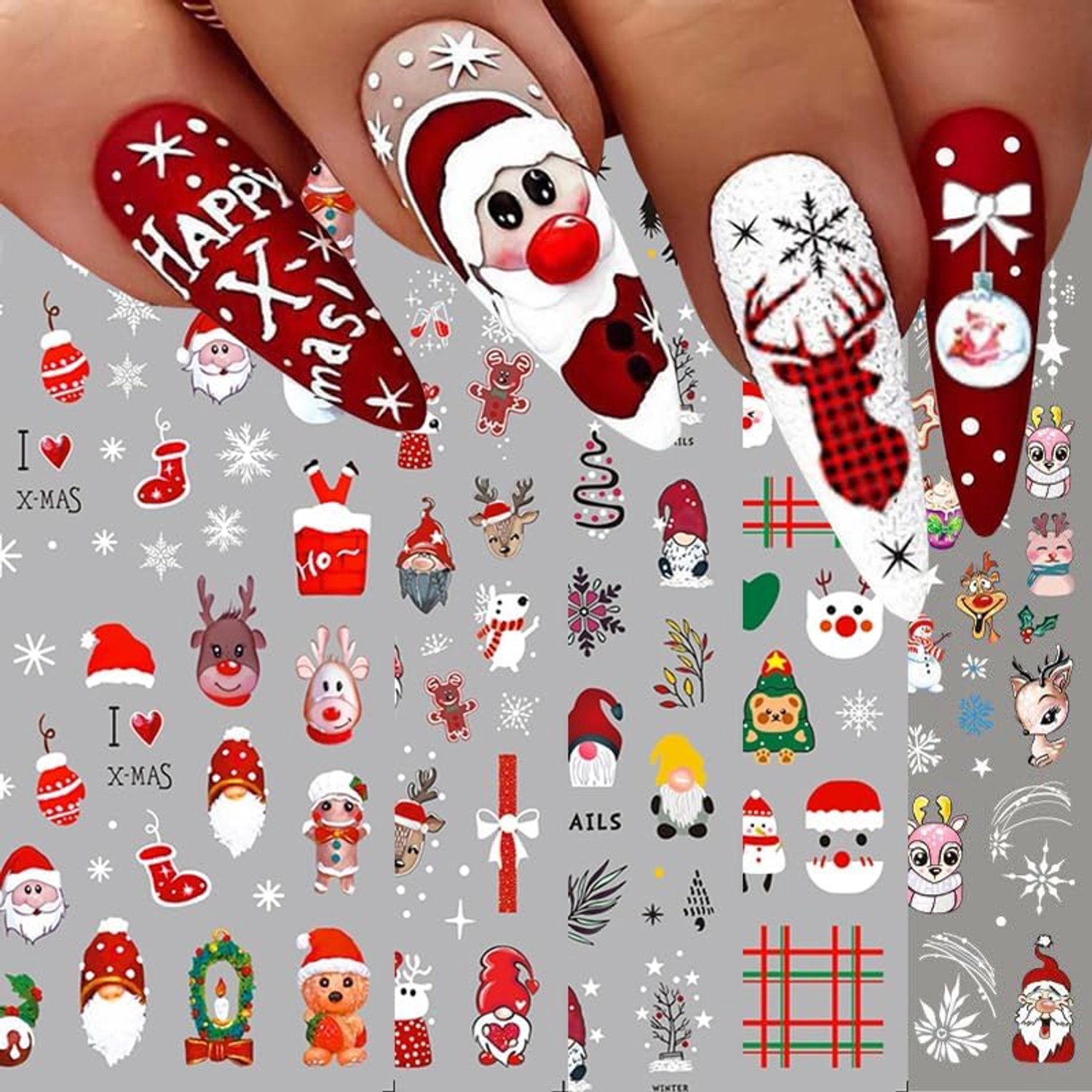 10 velletjes Kerstmis 3D-nagelstickers, Zelfklevende nagelstickers, Meerkleurig patroon, Schattige pinguïn, hert, sneeuwpop, sneeuwvlok, eland, Kerstman-ontwerp