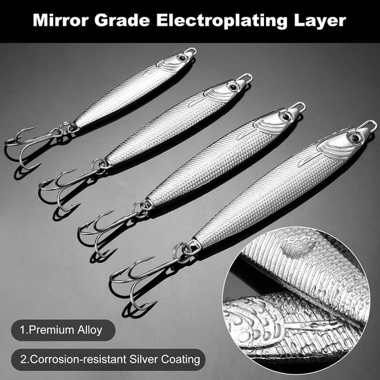 4 stuks metalen zeeforel lokaas met drillingshaken zilver Minnow lepel, aas, snoek, zeevissen, uitrusting, metalen jigs voor kabeljauw, baars, zee & zoetwatervissen — afbeelding 3