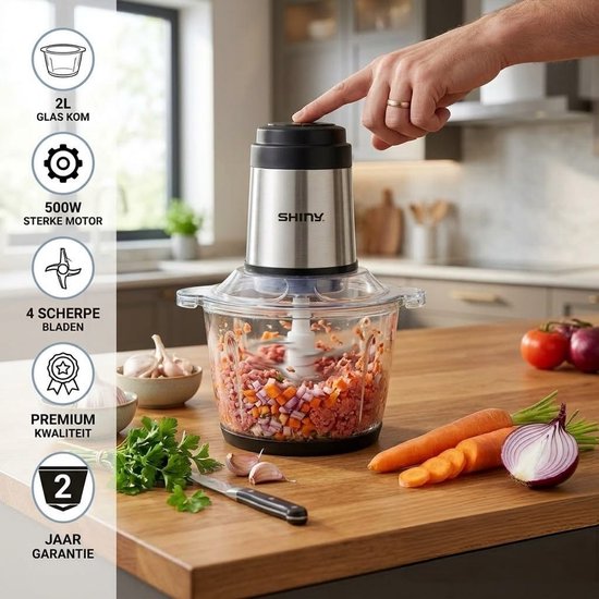 Shiny Meat Grinder – Elektrische Vleesmolen met Glazen Kom – 2L – 500W – 2 Snelheden – 4 RVS Messen van SHINY — afbeelding 3