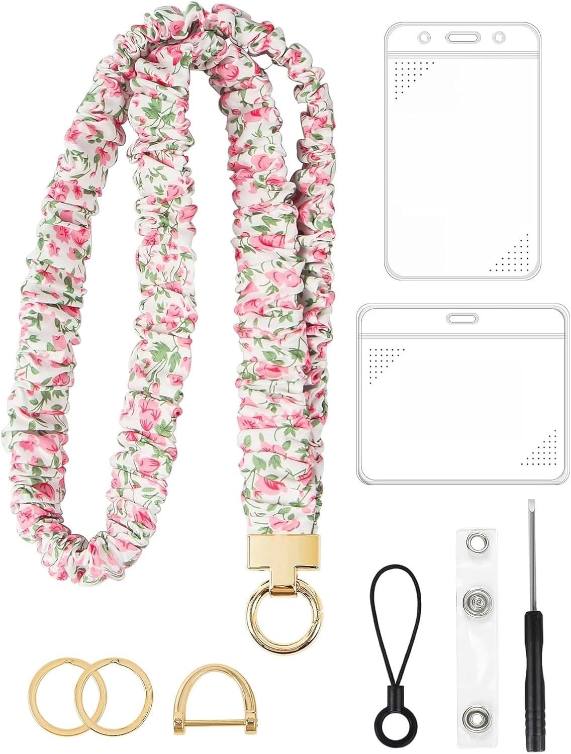 Scrunchie Ausweisband Set met twee duidelijke kaarthoezen, elastisch bloemenpatroon Lanyard met metalen accessoires voor leraren, zorgverleners en kantoorpersoneel in dagelijks gebruik