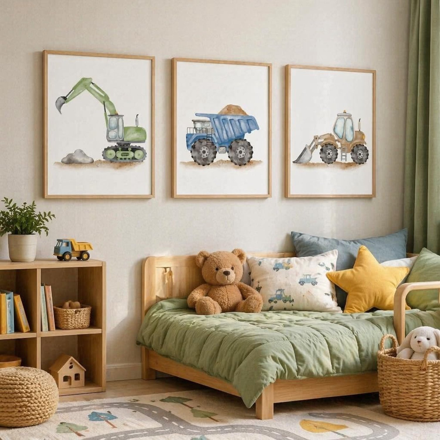 ED-Lumos Poster kinderkamer set van 3 afbeeldingen kinderkamer canvaspaneel alleen canvas zonder lijst A4 21 x 30 cm tractor graafmachine kraan prints