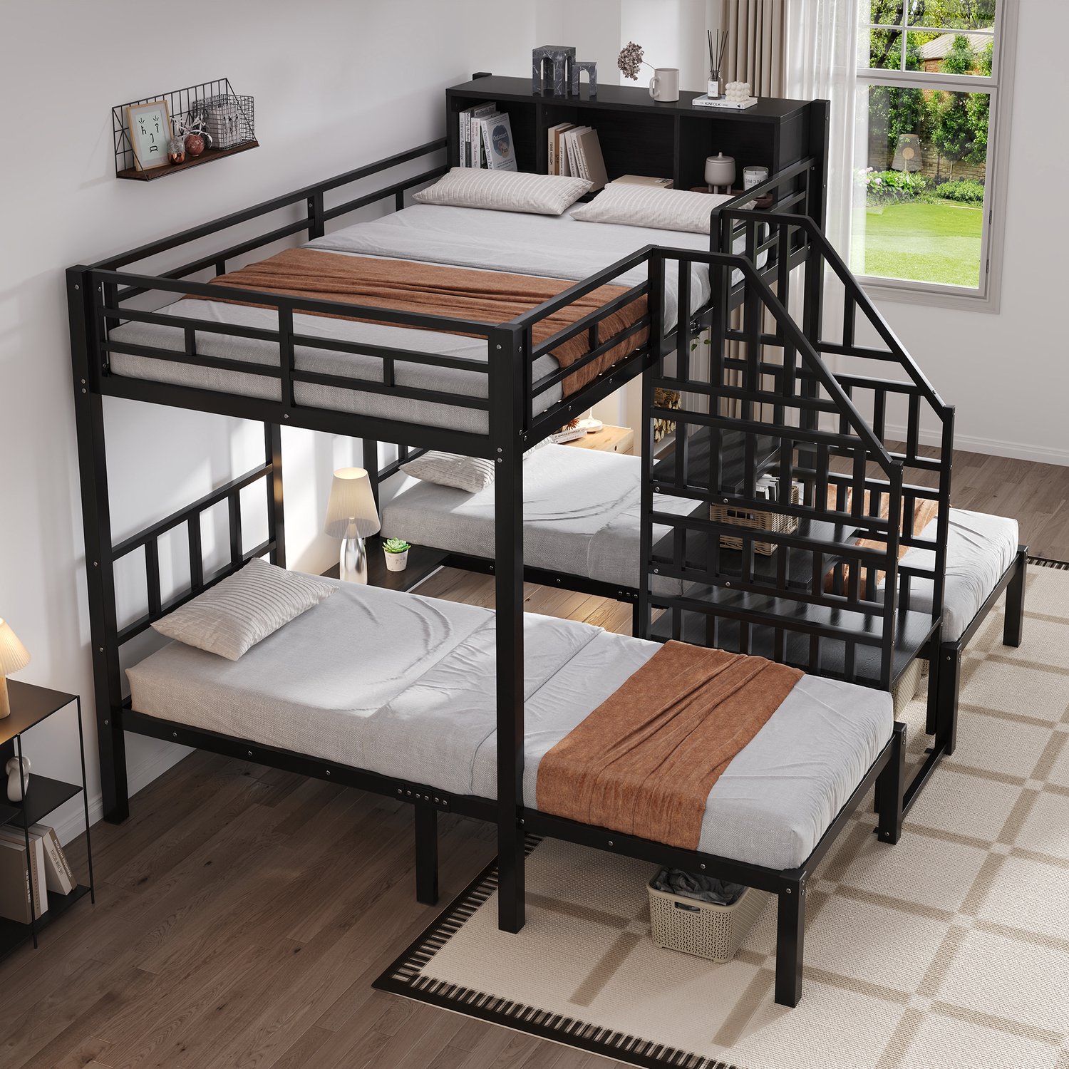 Merax Stapelbed - 90x200 cm & 140x200 cm - met drie bedden - ladder met leuningen - met opbergruimte - zwart - zonder matras