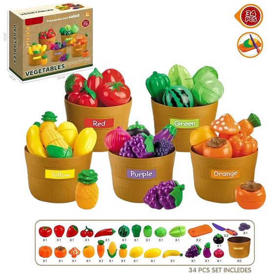 34-delige Speelgoedset met Groenten en Fruit - Montessori Speelgoed - Keukenspeelgoed voor kinderen van 3 tot 6 jaar - Spel om op kleur te sorteren - Educatief speelgoed, zintuiglijk speelgoed — afbeelding 3