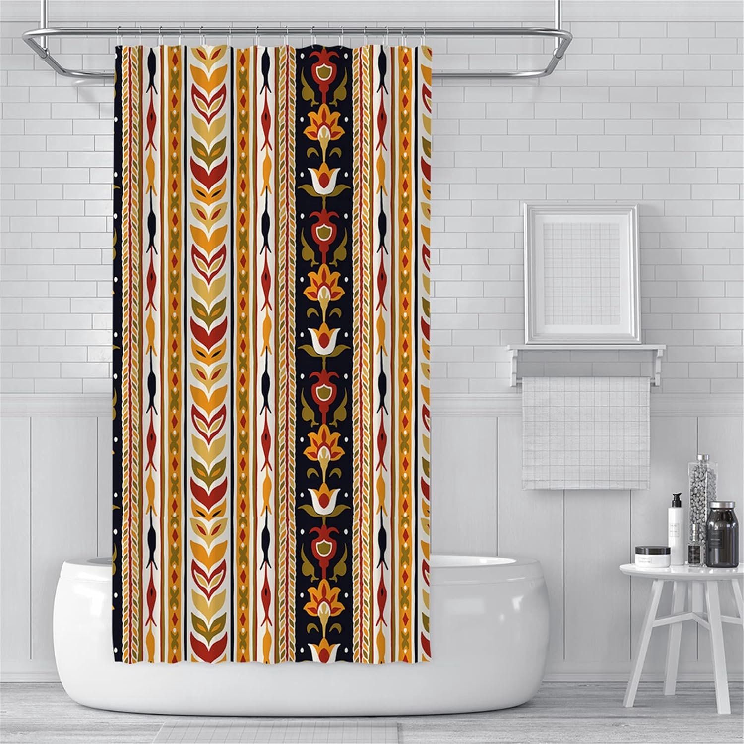 Douchegordijn, 90 x 200 cm, bloemen, geel, boho-stijl, anti-schimmel, grote gordijnen voor buiten, waterdicht, polyesterweefsel, antibacterieel, machinewasbaar, 3D-badkamer, decoratie
