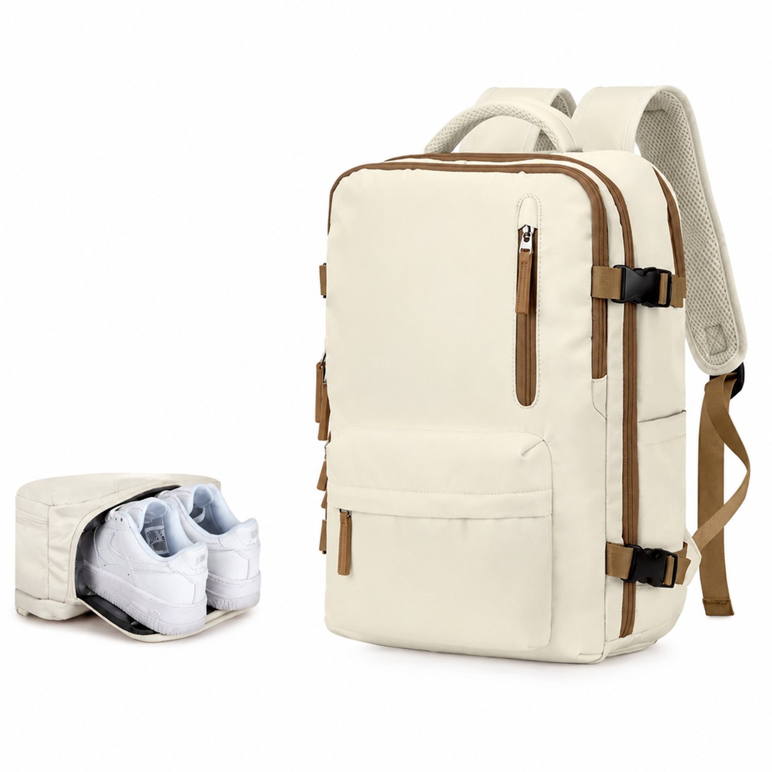 Rugzak - middelgroot - 4 compartimenten - voor recreatieve reizen - beige met bruin