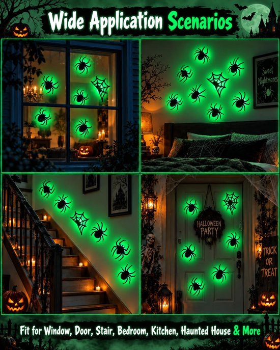 9 stuks groene ledlampen, 3D-spinnendecoratie, led-Halloween-decoratie, spinnenstickers met 9 verschillende maten, helloween decoraties, spinnen, ledverlichting, paars, voor ramen, deur, muur — afbeelding 3