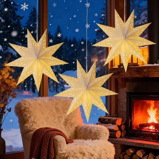 3 stuks 45 cm papieren sterren Kerstmis, lichtgevende sterren, vouwsterren, papieren ster, verlicht om op te hangen, wit, lichtsterren voor ramen — afbeelding 5