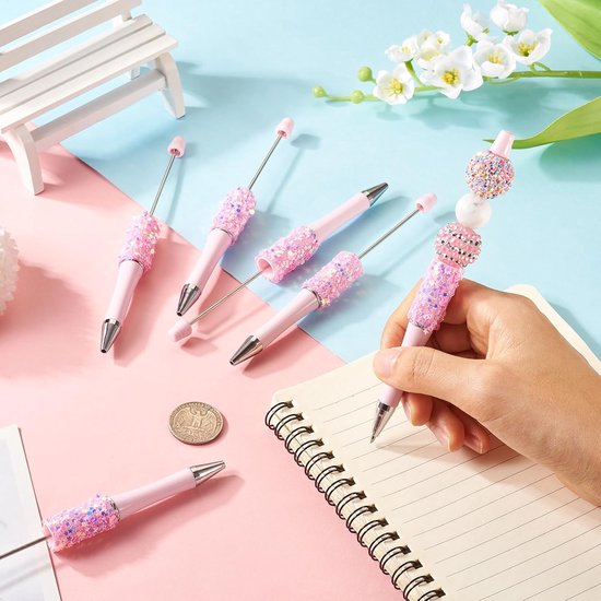 8 stuks kralenpennen bling glitter strass kralen pennen doe-het-zelf plastic balpennen schacht zwarte inkt balpen voor doe-het-zelf pen decoraties benodigdheden kantoor school - roze — afbeelding 5
