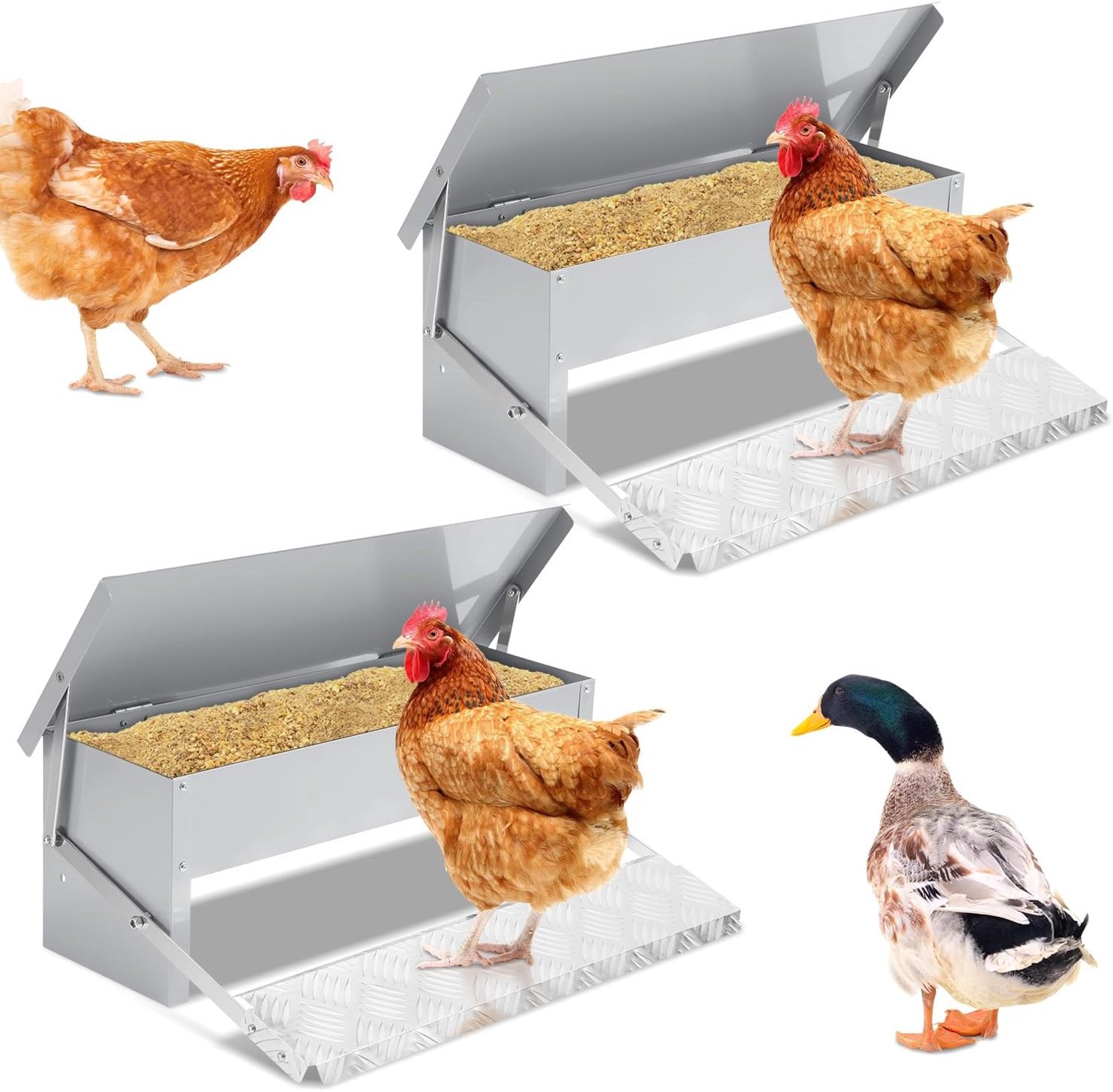 Voederautomaat, 2 stuks, 5 kg, voederdispenser, voedertrog met automatisch pedaal, kippenvoer voor gevogelte, waterdicht en rattenbestendig