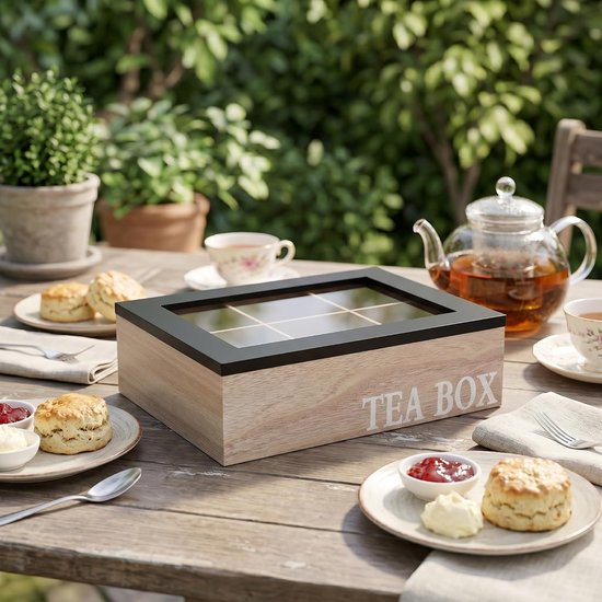 Vintage Houten Theedoos met Vakken Glazen Multifunctionele Theebag Organizer voor Keuken Woonkamer Overzichtelijk Stijlvol Theeblad Opslag — afbeelding 4