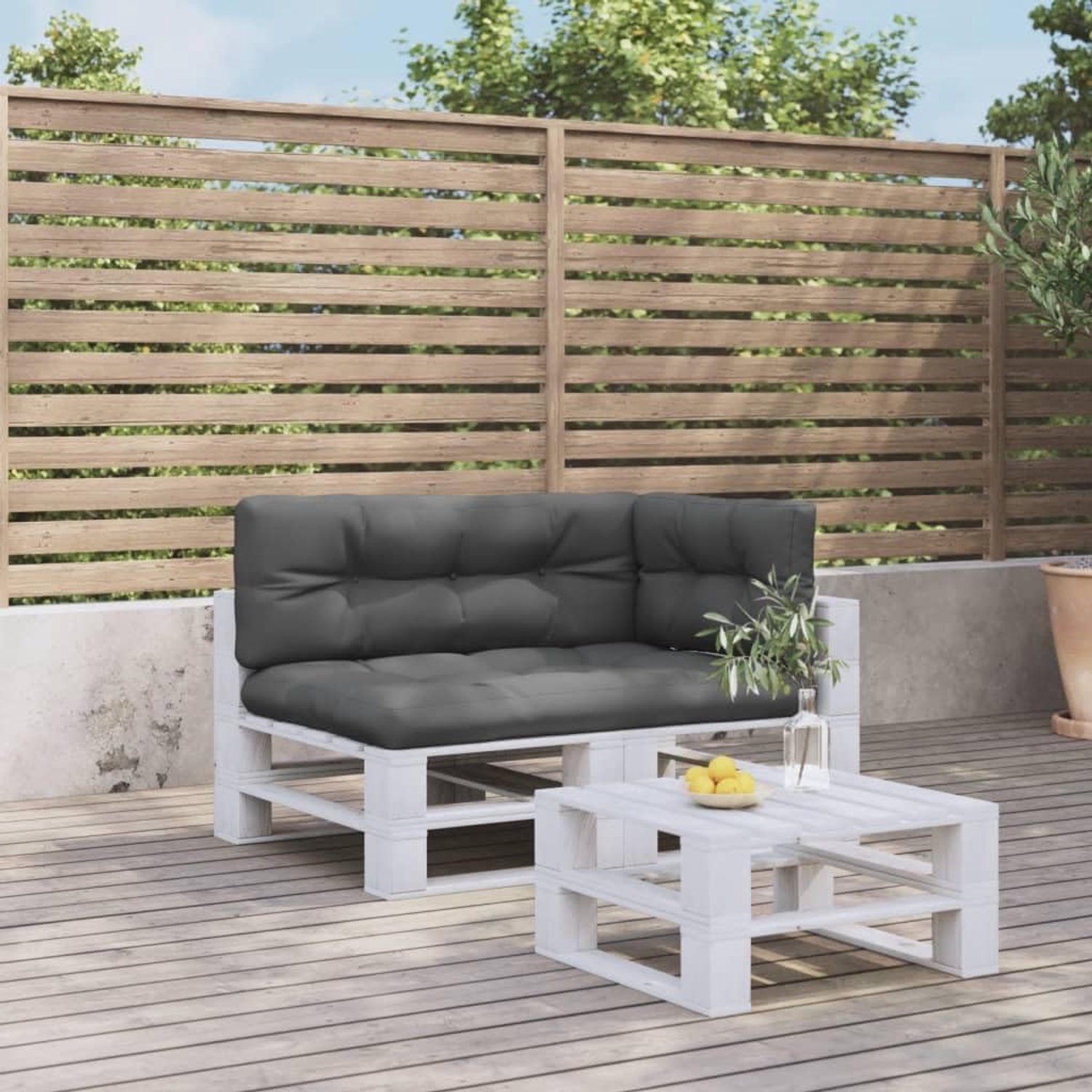 Palletkussens 3-delig. Antraciet van waterdicht polyester met zachte holle vezelvulling voor buiten en binnen, zitkussen voor tuinmeubelen, kruk en bank, decoratie voor thuis