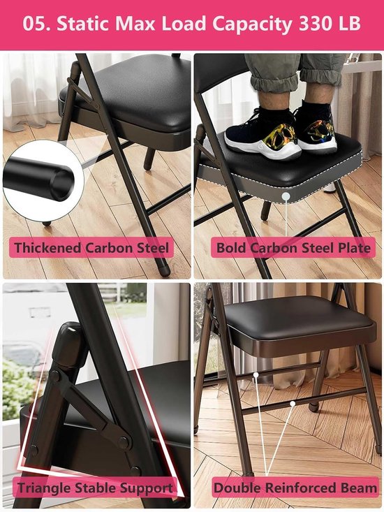 2 stuks klapstoelen met lederen gewatteerd kussen en rug, metalen zwarte opvouwbare stoel voor binnen buiten, commerciële stapelbare gaststoelen voor kantoorevenementen bruiloft feest keuken — afbeelding 4