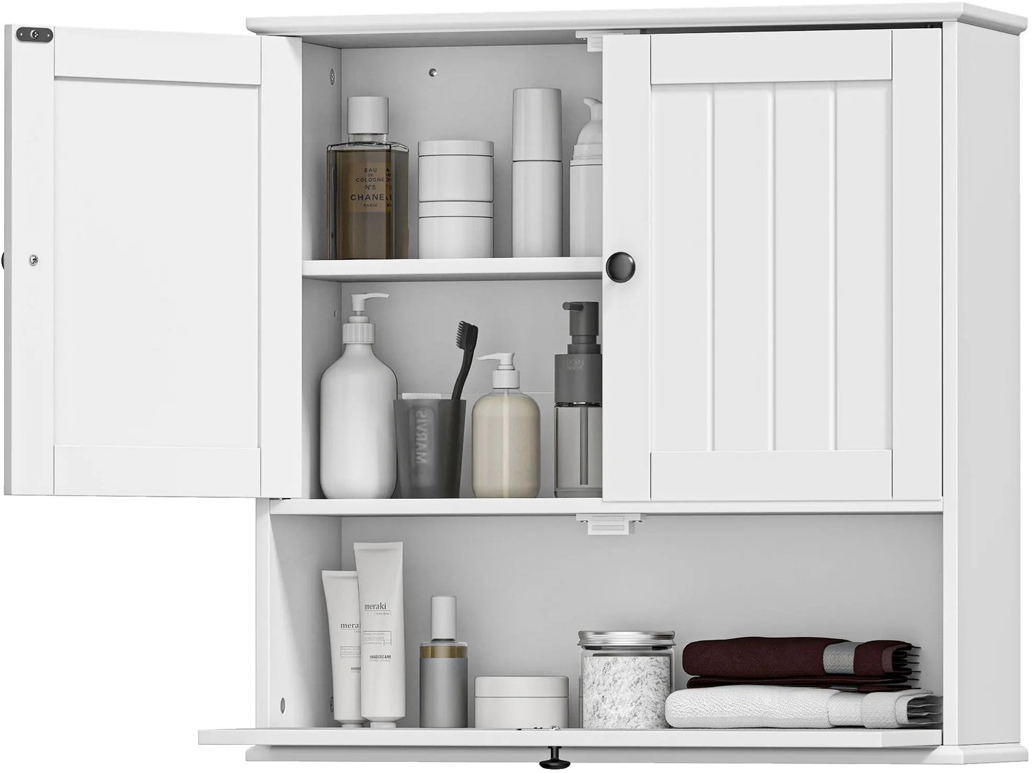 MokoHub Rustieke Badkamerkast - Wandmontage - Verstelbare Plank - Dubbele Deur met Vouwdeur - 60x19.5x60 cm - Wit