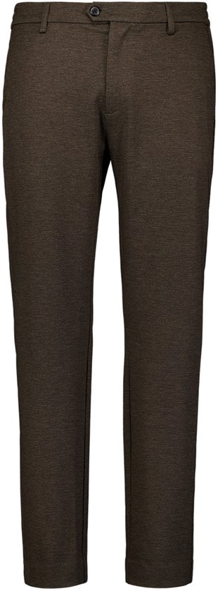 Donkerbruine jersey pantalon met een knoop- en ritssluiting, riemlussen en steekzakken.